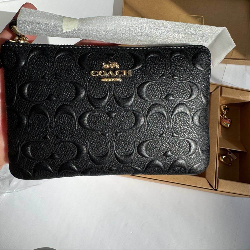 Coach Black Embossed Signature Leather Wristlet - Picture 4 of 15